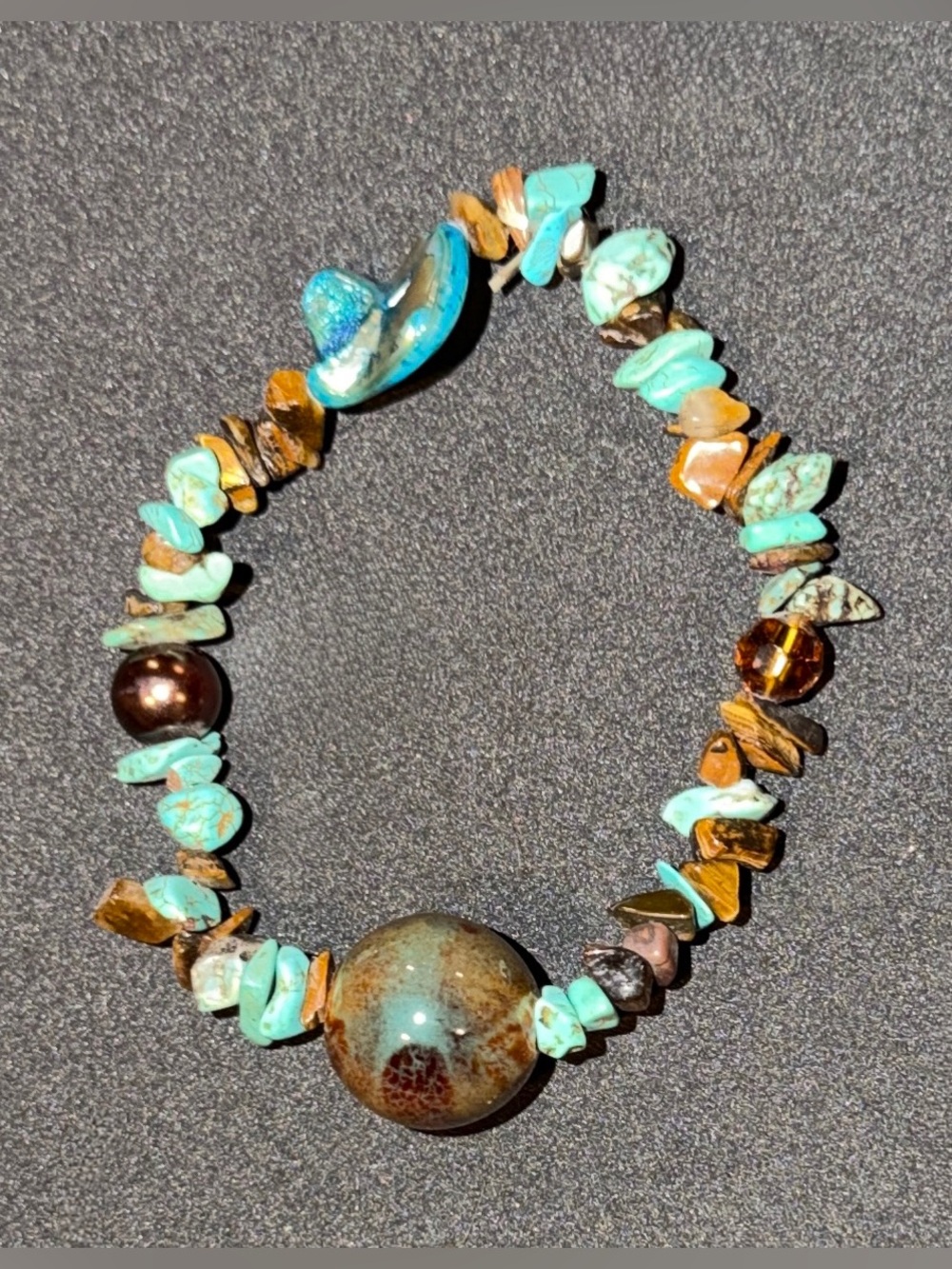 Turquoise Tiger Eye Mixed Gemstone Art Glass Stretch Bracelet